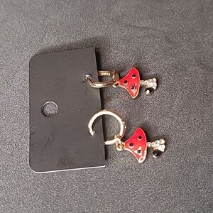 Gold-toned Hoop Earrings With Dangling Red Enameled Mushrooms With Rhinestones